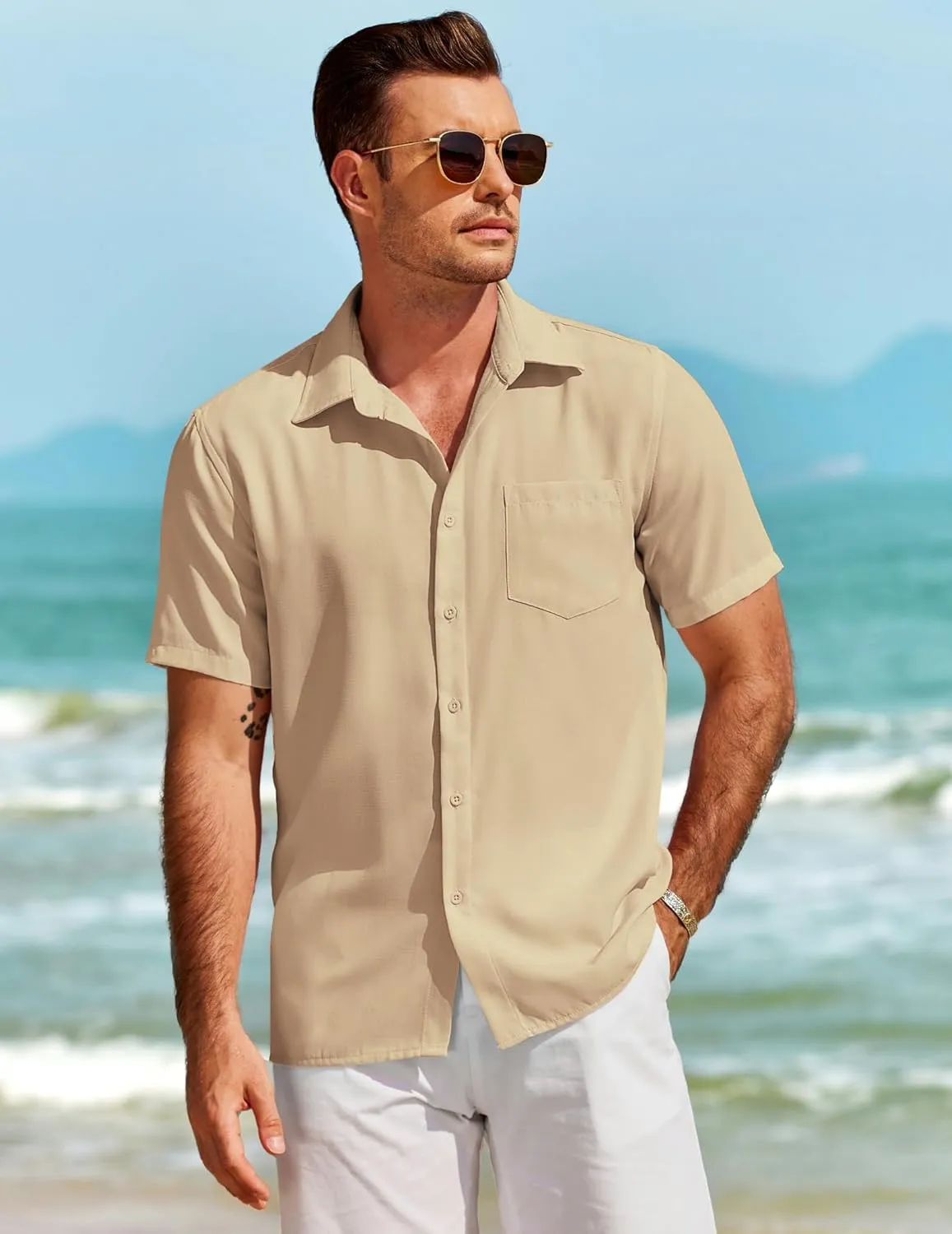 COOFANDY Mens Casual Short Sleeve Shirts Button Down Textured Shirts Summer Beach Shirt with Pocket