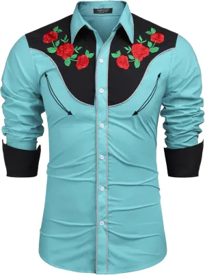 COOFANDY Men's Cowboy Shirtss Embroidered Rose Design Shirts Western Long Sleeve Button Down Shirts