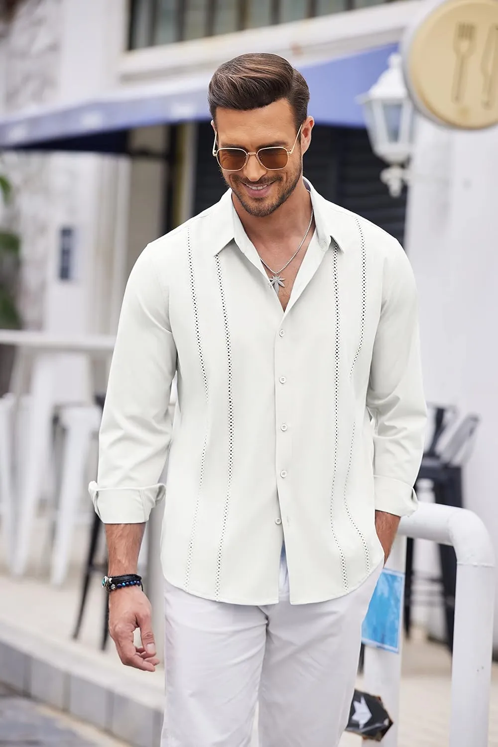COOFANDY Mens Cuban Guayabera Shirt Casual Button Down Shirts Long Sleeve Summer Beach Shirts