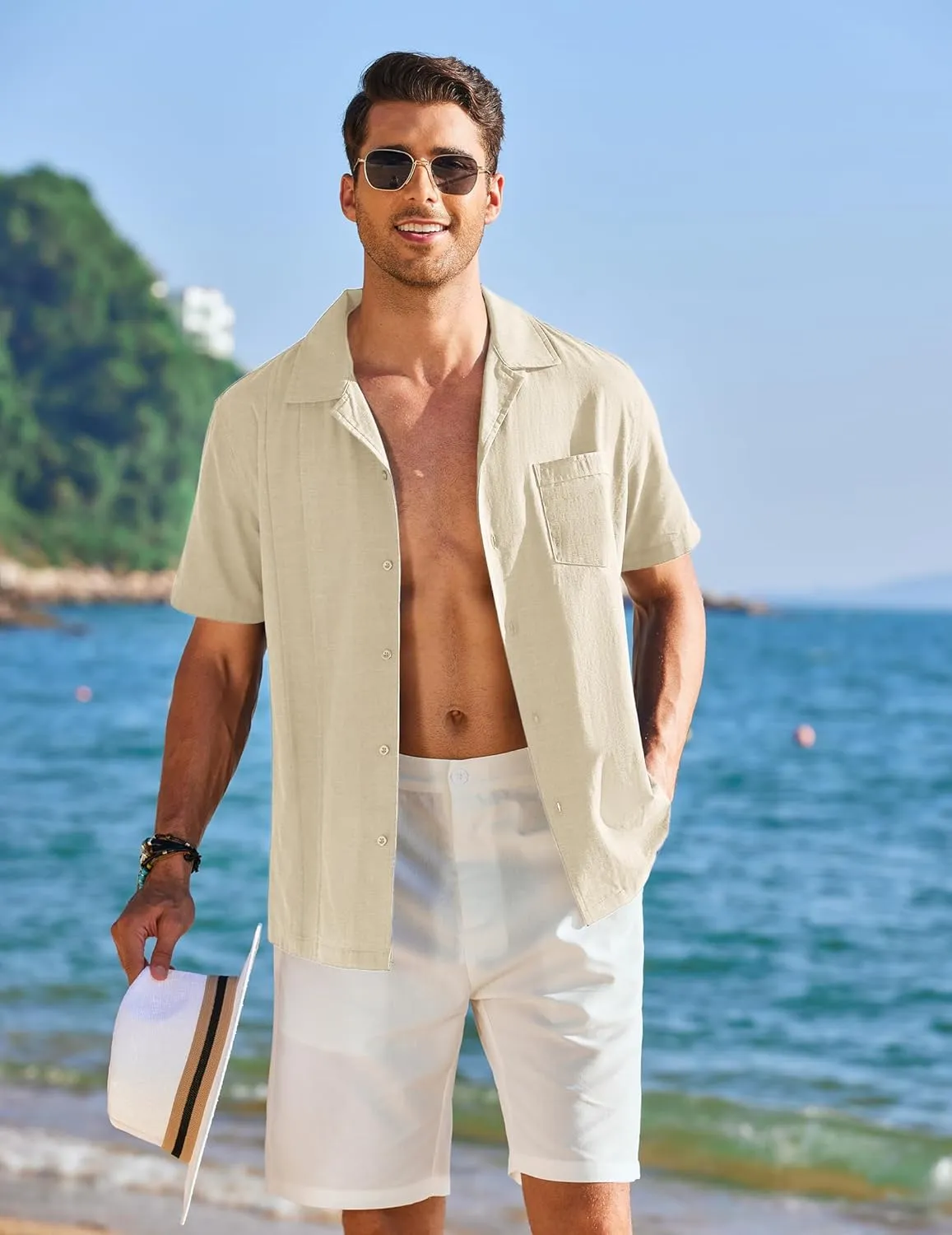 COOFANDY Mens Cuban Guayabera Shirt Short Sleeve Button Down Shirts Casual Summer Linen Shirts