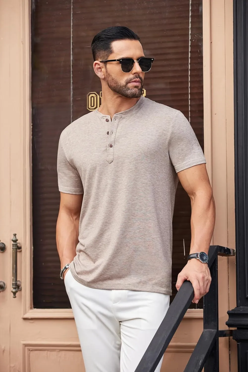 COOFANDY Men's Henley Shirts Short Sleeve Casual Basic Tee Summer Button Henley Soild T Shirts