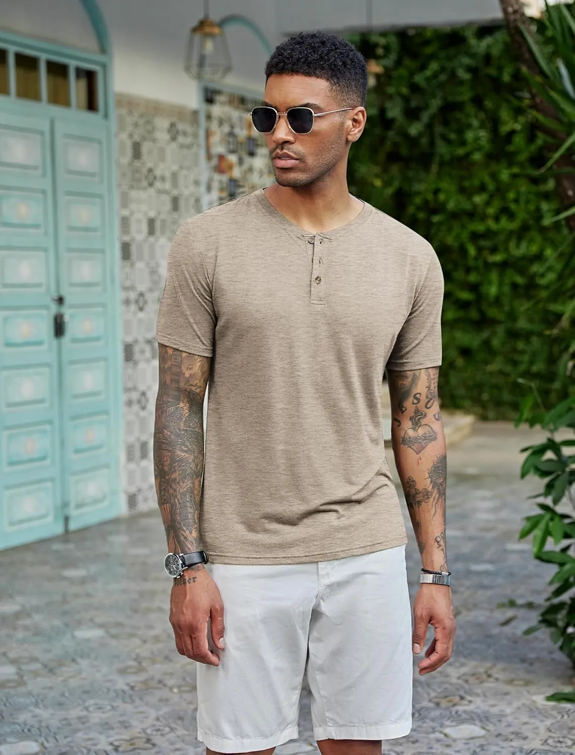 COOFANDY Men's Henley Shirts Short Sleeve Casual Basic Tee Summer Button Henley Soild T Shirts