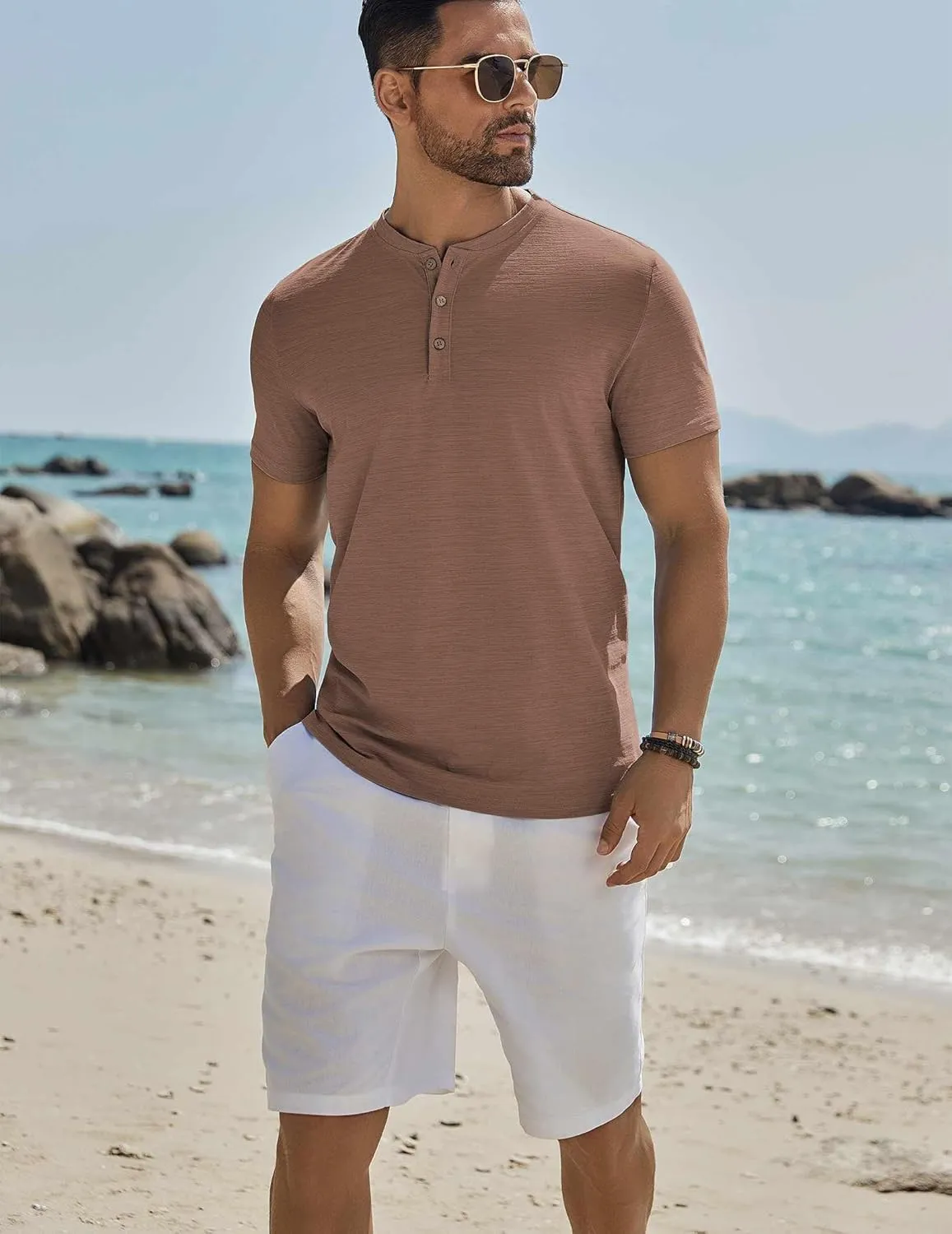 COOFANDY Mens Henley Shirts Short Sleeve Casual Button Down Shirts Lightweight Summer Basic Tee