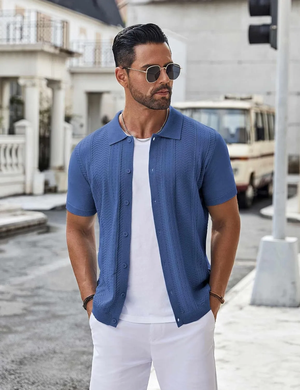 COOFANDY Mens Knit Button Down Shirt Short Sleeve Summer Casual Shirts Vintage Beach Vacation Shirts