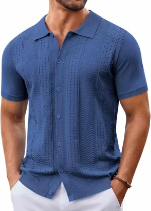 COOFANDY Mens Knit Button Down Shirt Short Sleeve Summer Casual Shirts Vintage Beach Vacation Shirts