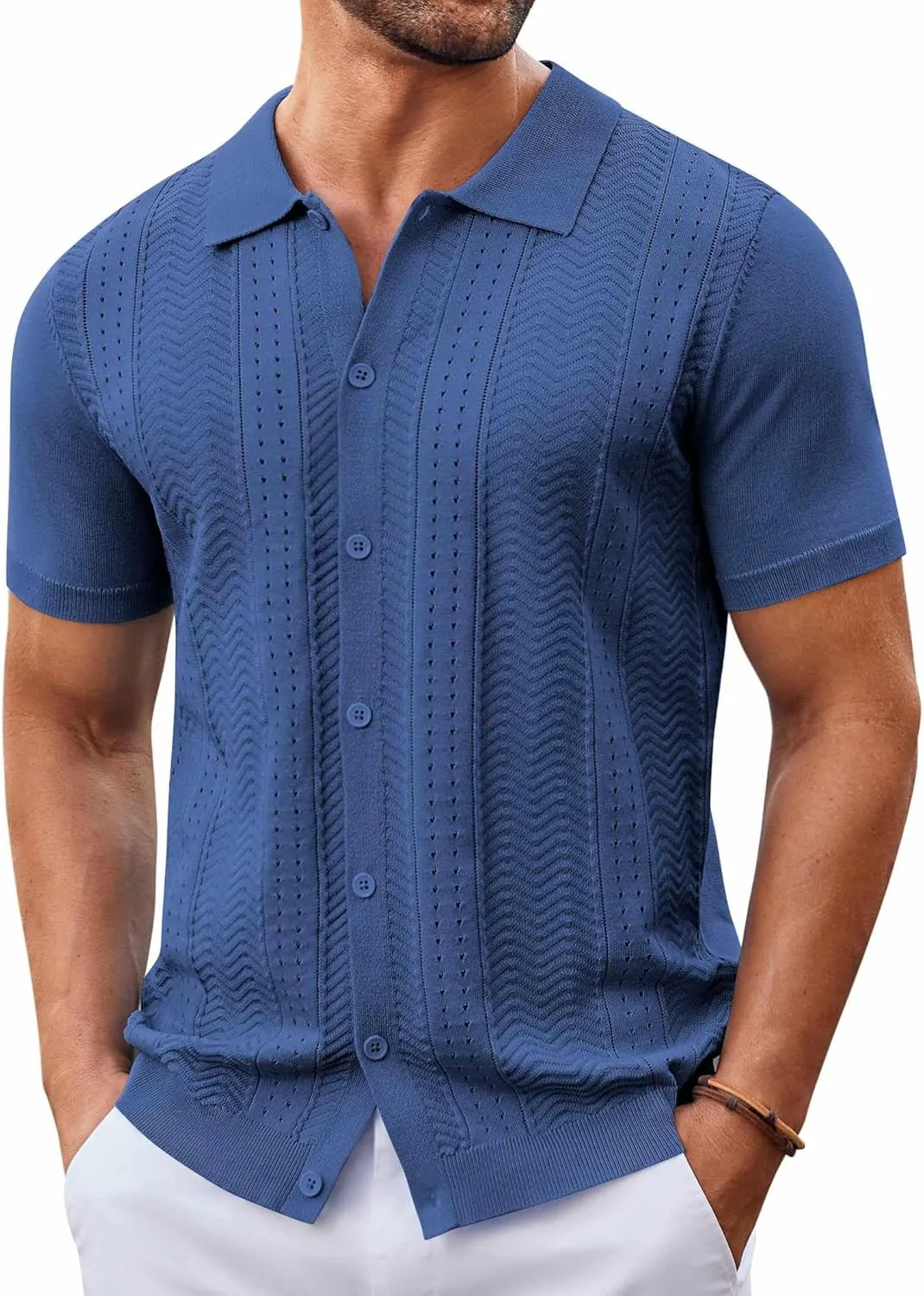 COOFANDY Mens Knit Button Down Shirt Short Sleeve Summer Casual Shirts Vintage Beach Vacation Shirts