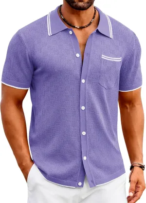 COOFANDY Men's Knit Button Down Shirt Vintage Polo Shirts Short Sleeve Summer Beach Shirts
