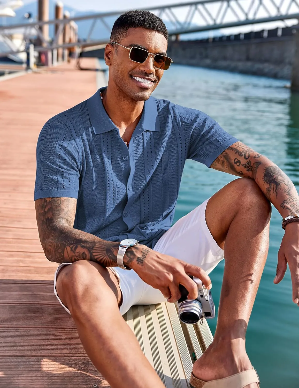 COOFANDY Men's Knit Shirts Short Sleeve Button Down Polo Shirt Fashion Casual Summer Beach Shirts