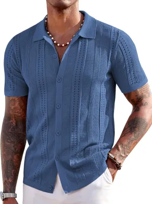 COOFANDY Men's Knit Shirts Short Sleeve Button Down Polo Shirt Fashion Casual Summer Beach Shirts