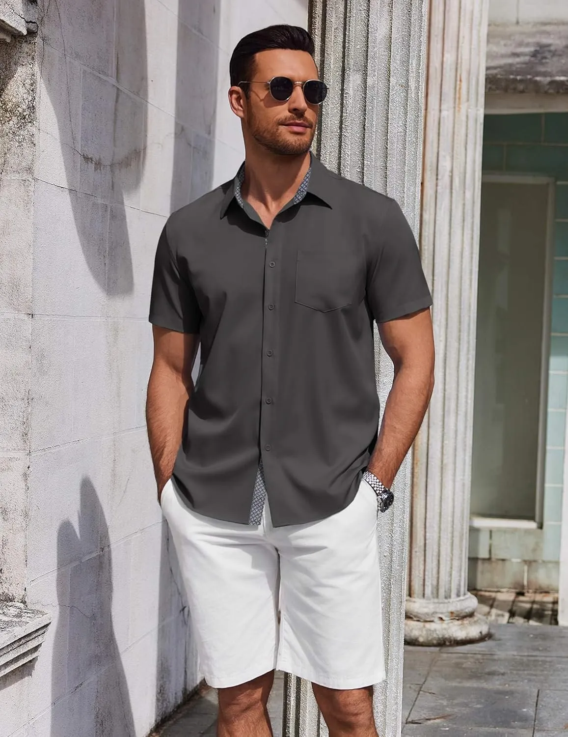 COOFANDY Men's Short Sleeve Button Down Shirts Summer Untucked Casual Dress Shirts with Pocket