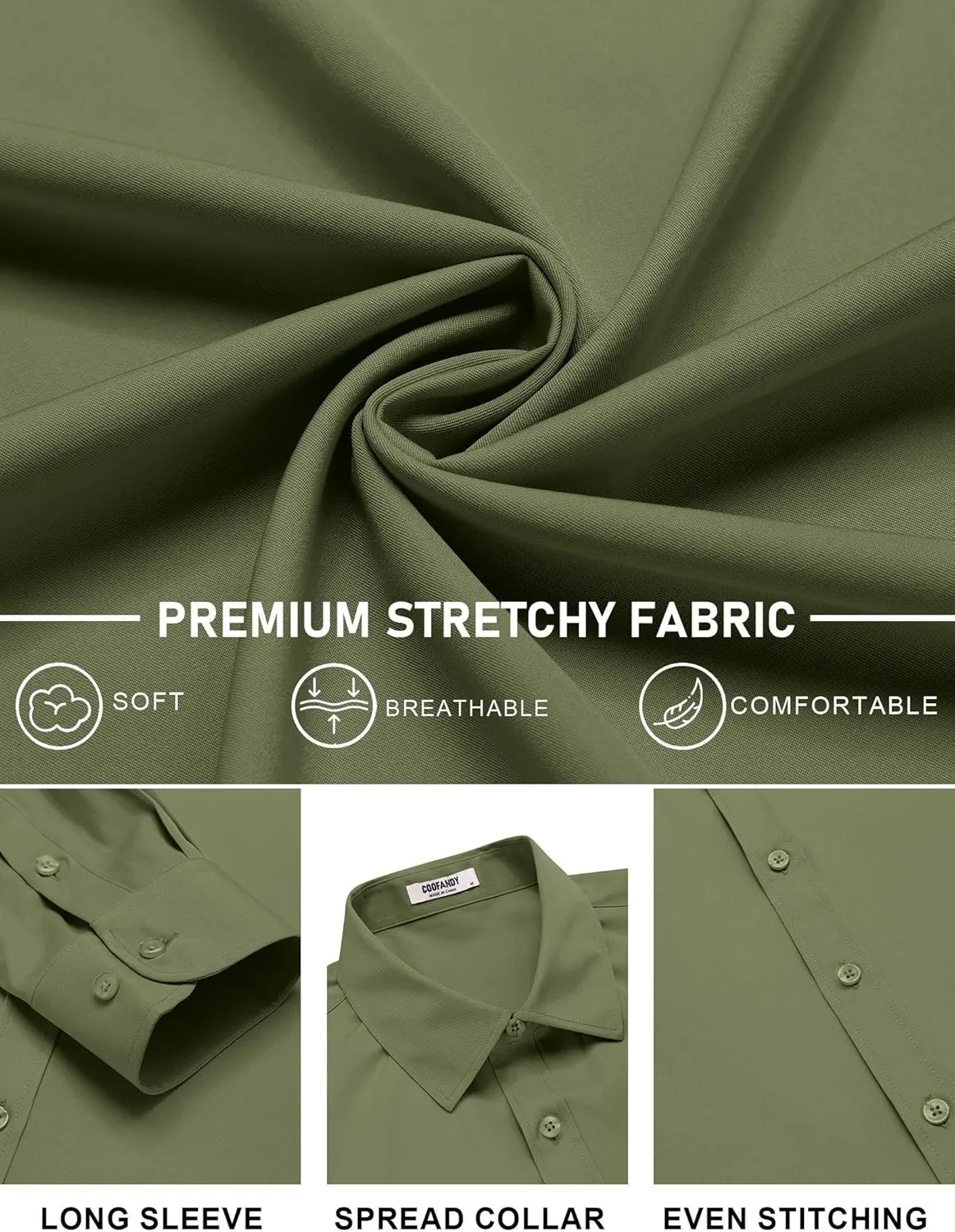COOFANDY Mens Stretch Dress Shirts Long Sleeve Button Down Shirt Regular Fit Formal Business Shirts