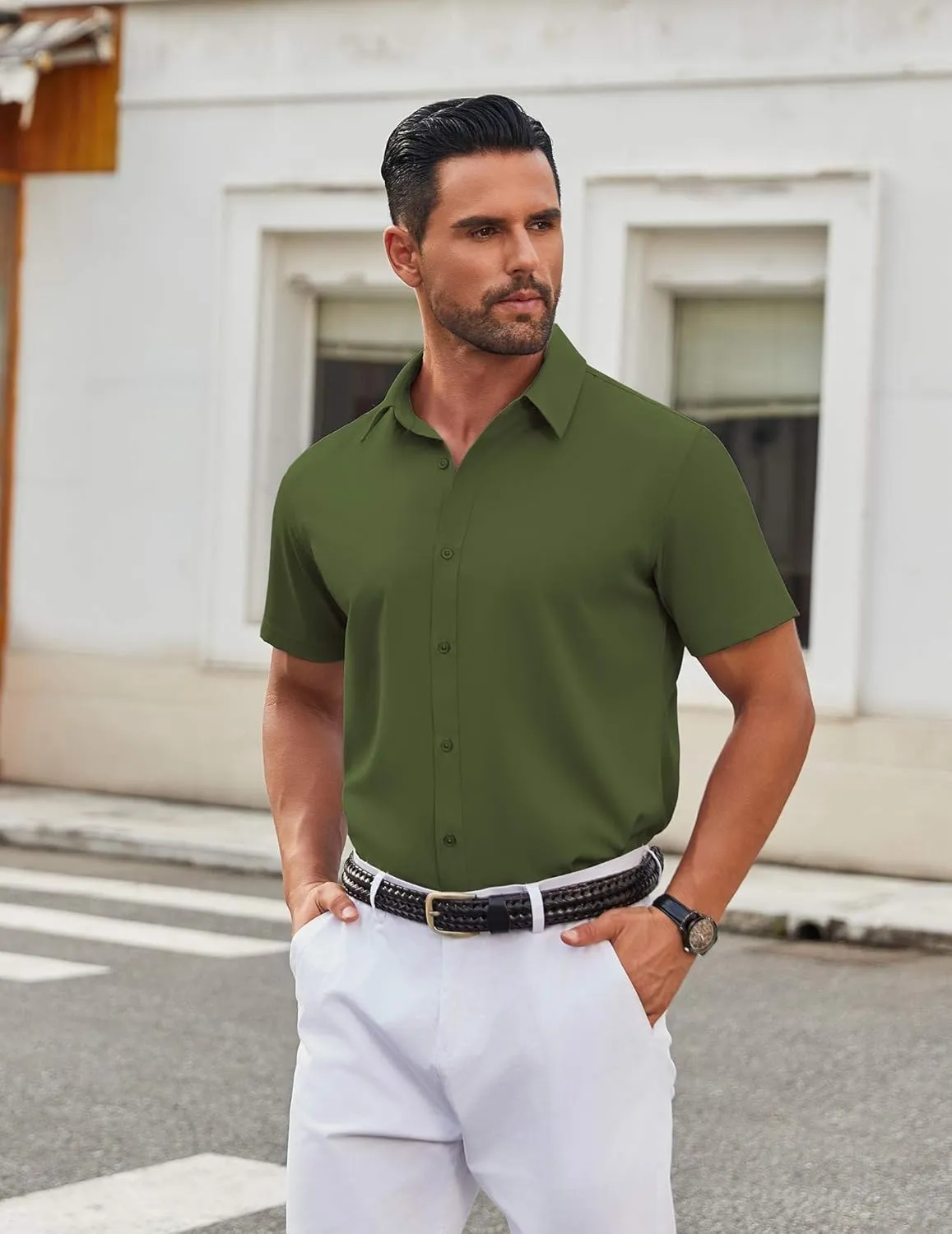 COOFANDY Men's Stretch Dress Shirts Short Sleeve Wrinkle Free Casual Button Down Shirts