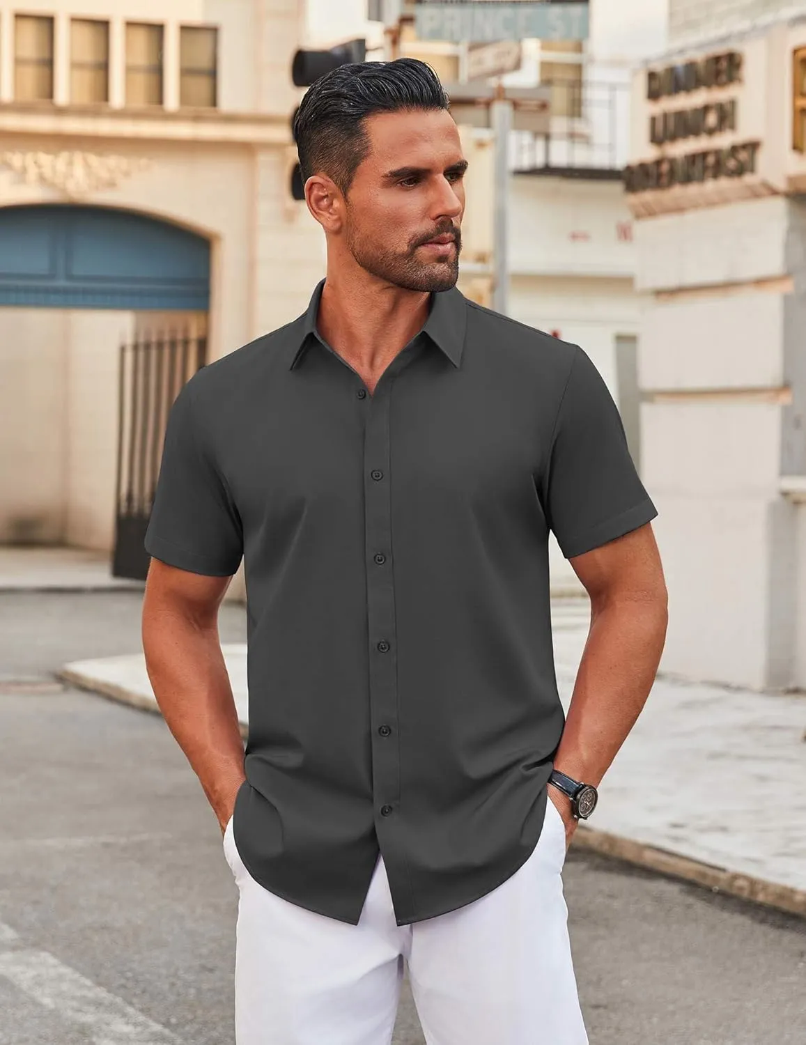 COOFANDY Men's Stretch Dress Shirts Short Sleeve Wrinkle Free Casual Button Down Shirts