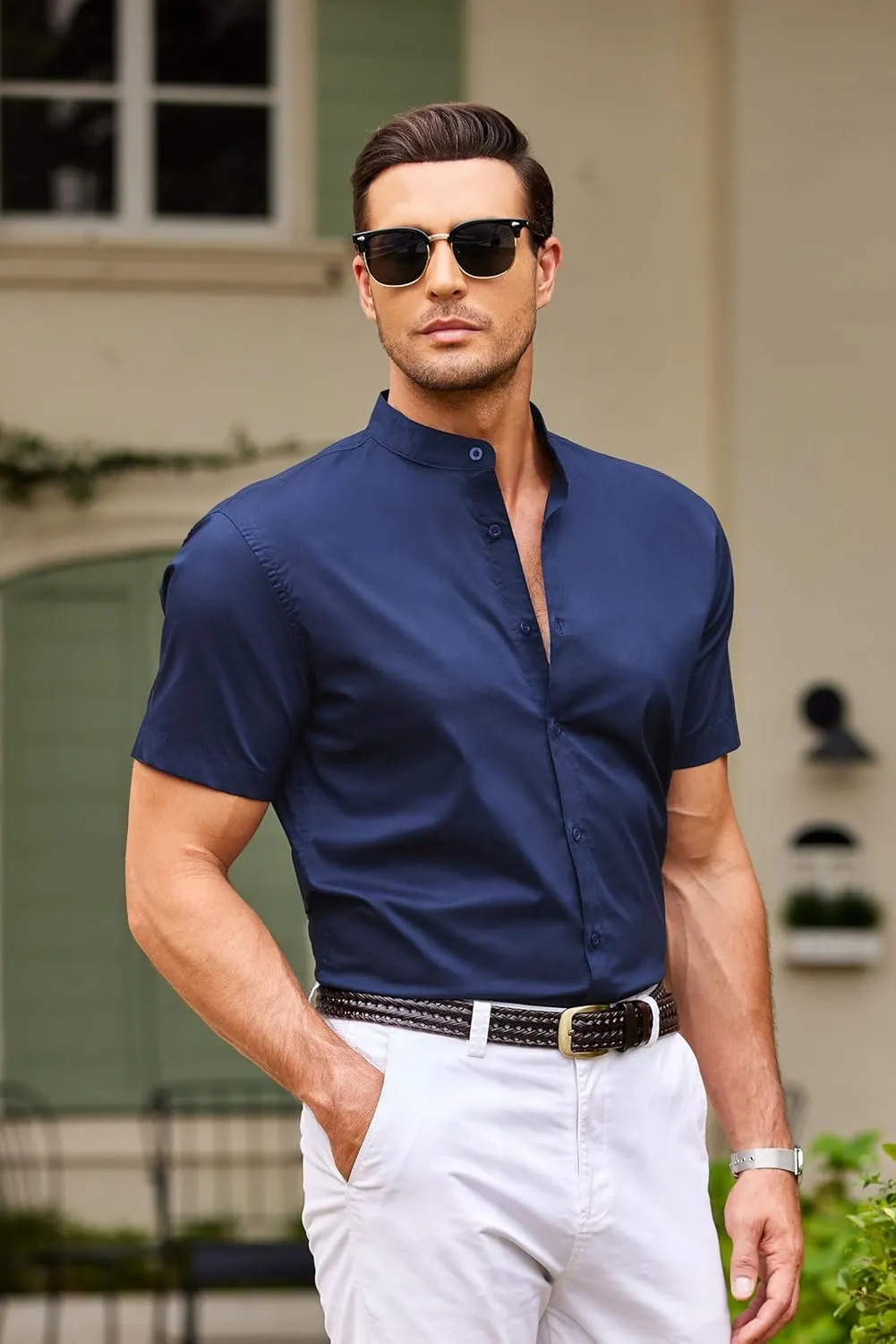 COOFANDY Muscle Fit Dress Shirts for Men Banded Collar Casual Button Down Shirts