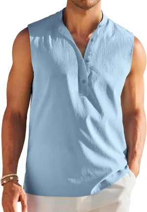 COOFANDY Sleeveless Beach Shirts for Men Summer Tank Shirts Casual Henley Tank Top