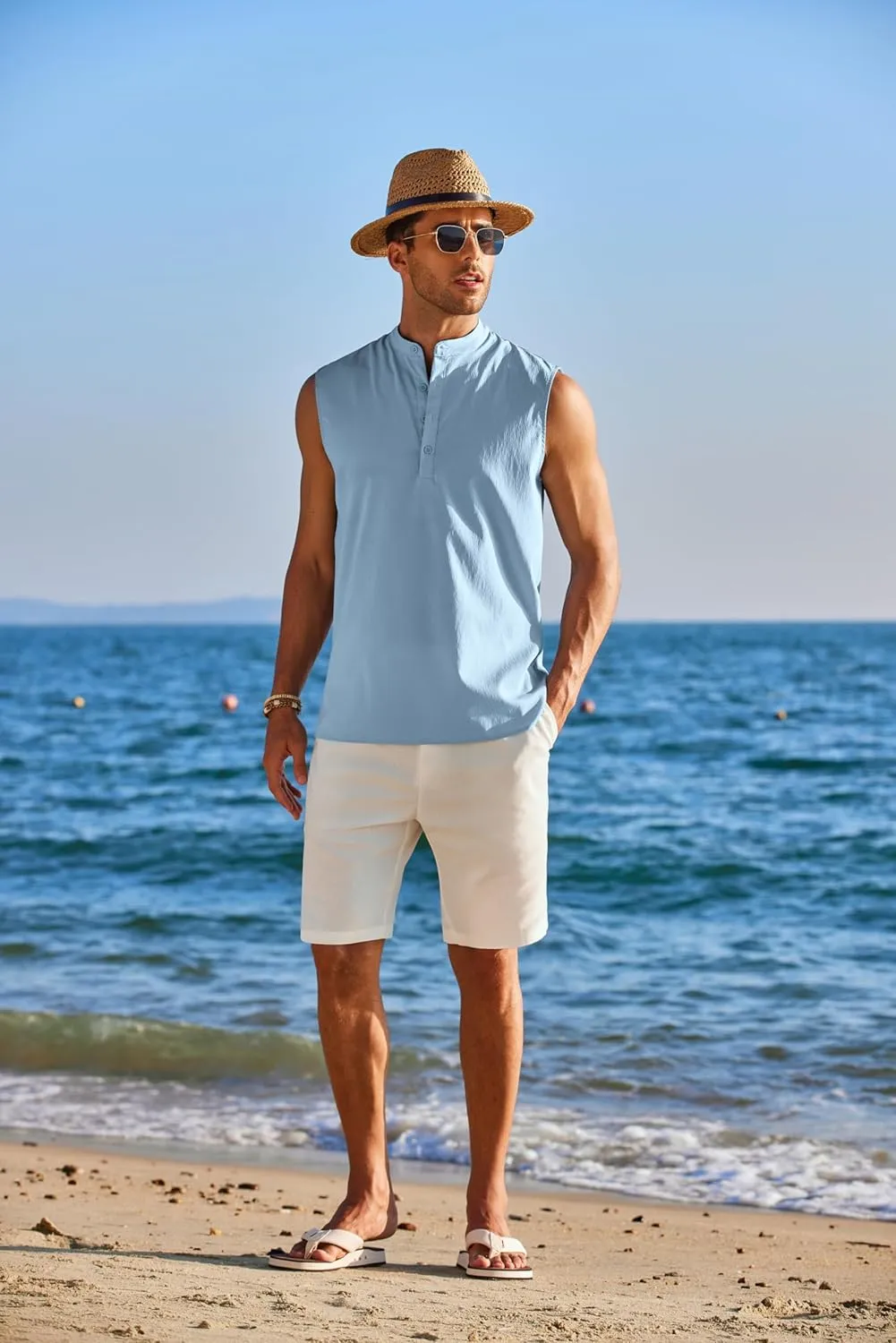 COOFANDY Sleeveless Beach Shirts for Men Summer Tank Shirts Casual Henley Tank Top