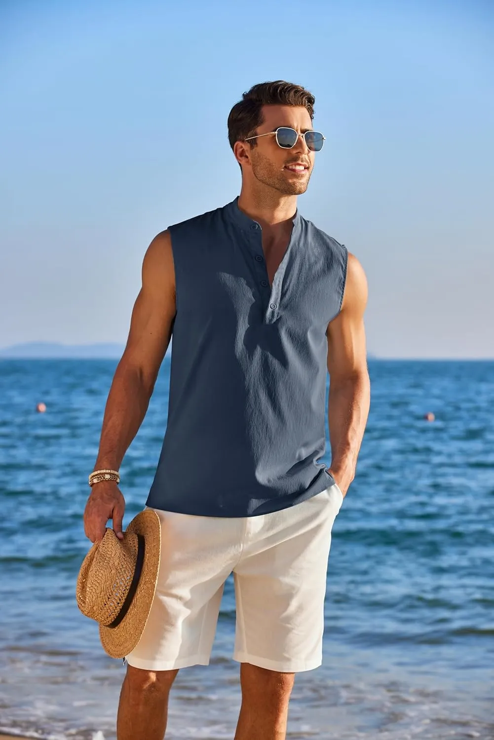 COOFANDY Sleeveless Beach Shirts for Men Summer Tank Shirts Casual Henley Tank Top
