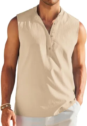 COOFANDY Sleeveless Beach Shirts for Men Summer Tank Shirts Casual Henley Tank Top