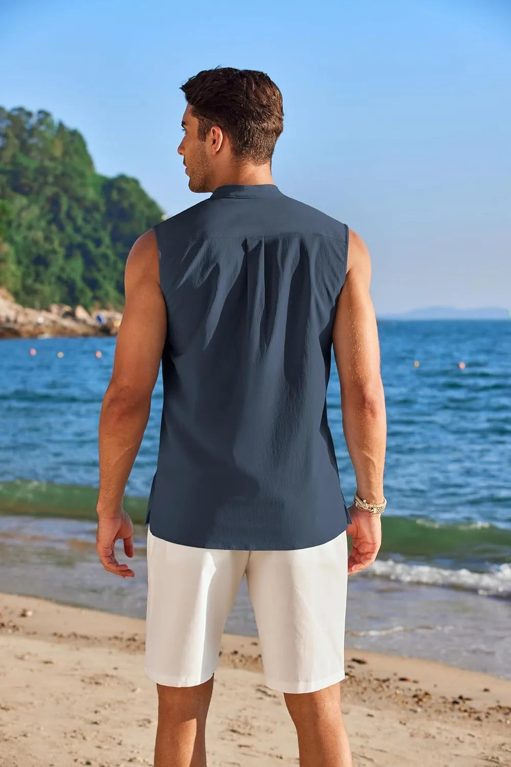 COOFANDY Sleeveless Beach Shirts for Men Summer Tank Shirts Casual Henley Tank Top