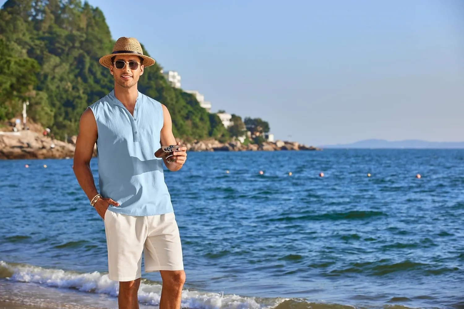 COOFANDY Sleeveless Beach Shirts for Men Summer Tank Shirts Casual Henley Tank Top