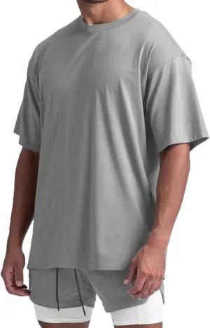 Cotton Gym Shirts Oversized Athletic Loose Workout t Shirts Short Sleeve for Men T68N