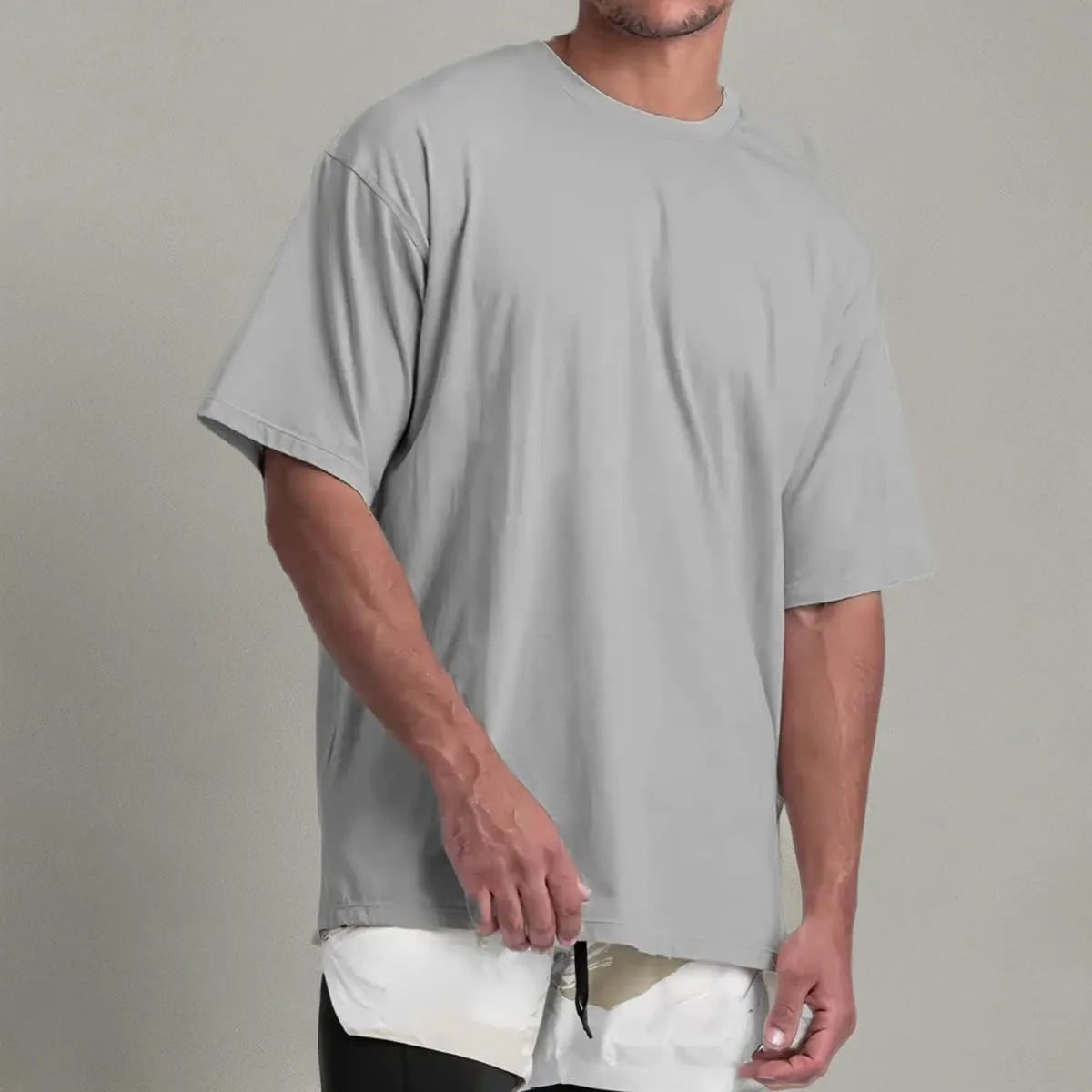 Cotton Gym Shirts Oversized Athletic Loose Workout t Shirts Short Sleeve for Men T68N