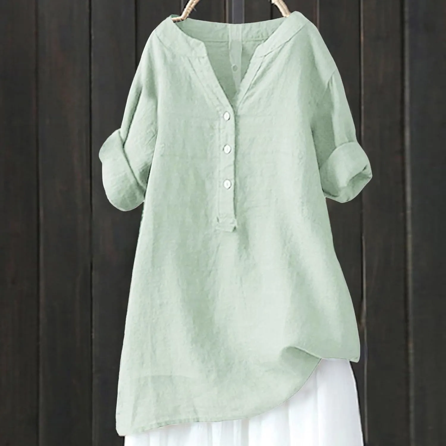 Cotton Linen Shirts for Women 2024 Buttons V Neck Long Sleeve Tops Summer Trendy Blouses Casual Loose Tunic Tops