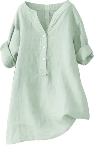 Cotton Linen Shirts for Women 2024 Buttons V Neck Long Sleeve Tops Summer Trendy Blouses Casual Loose Tunic Tops