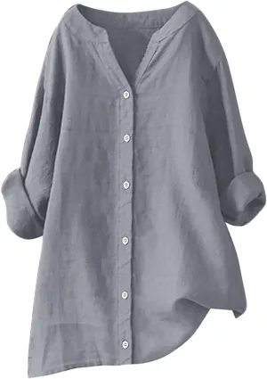 Cotton Linen Shirts for Women 2025 Buttons V Neck Long Sleeve Tshirt Plus Size Loose Blouses Dressy Casual Tunic Tops