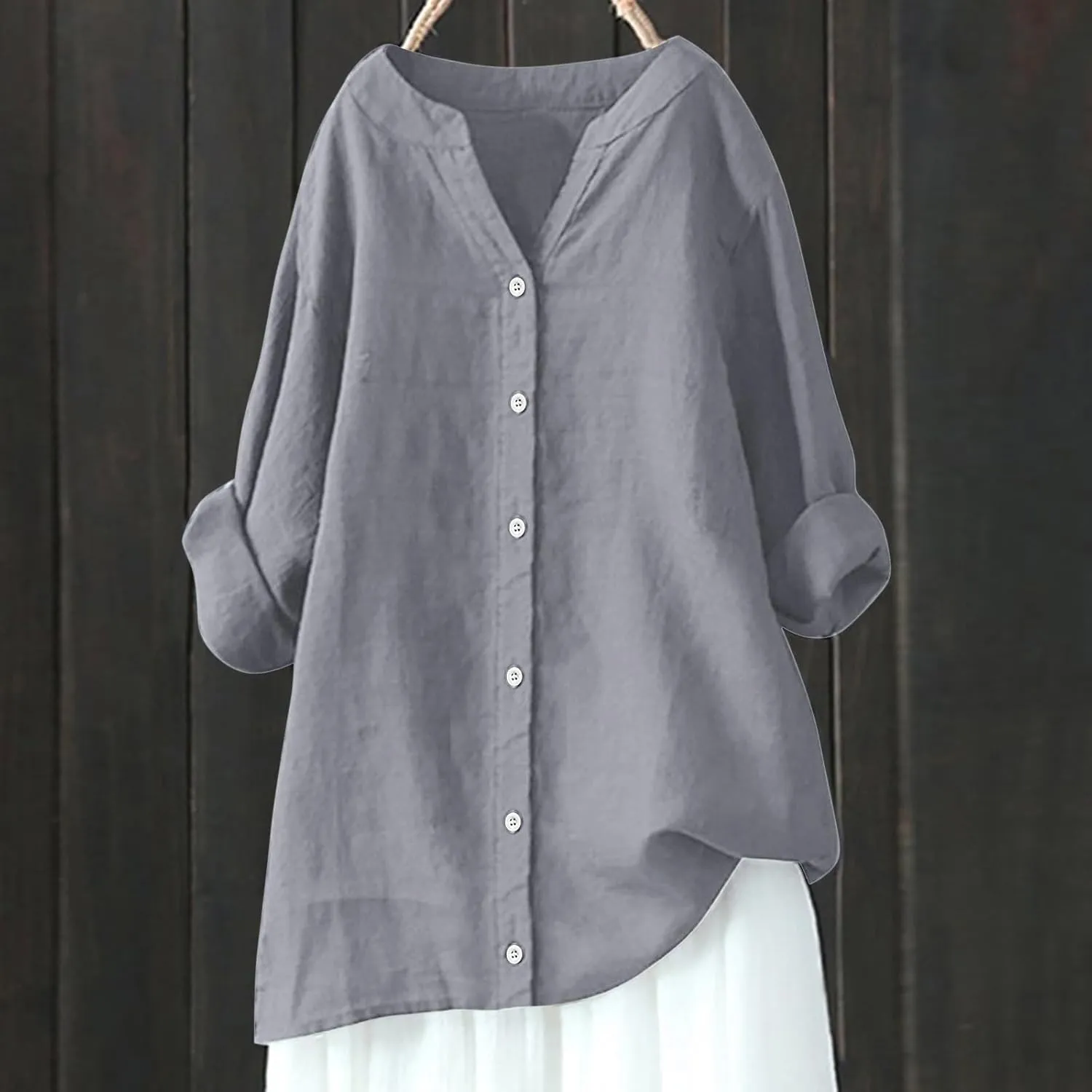Cotton Linen Shirts for Women 2025 Buttons V Neck Long Sleeve Tshirt Plus Size Loose Blouses Dressy Casual Tunic Tops