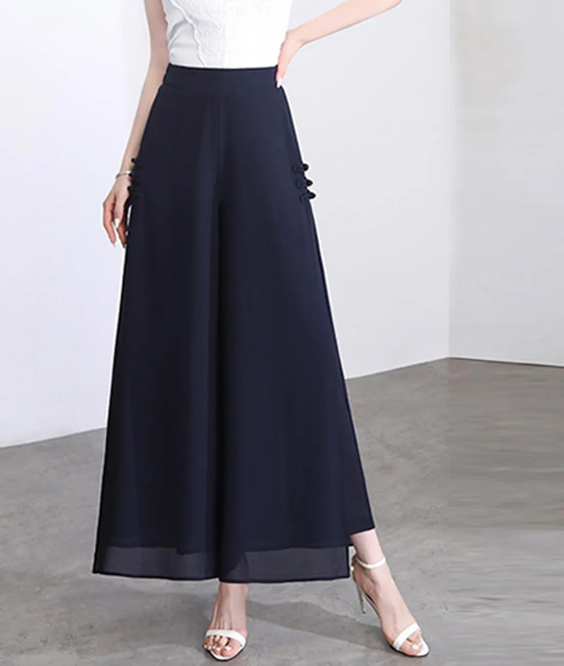 Femiserah Women's High Waist Chiffon Wide Leg Long Palazzo Pants Casual Flowy Business Trousers