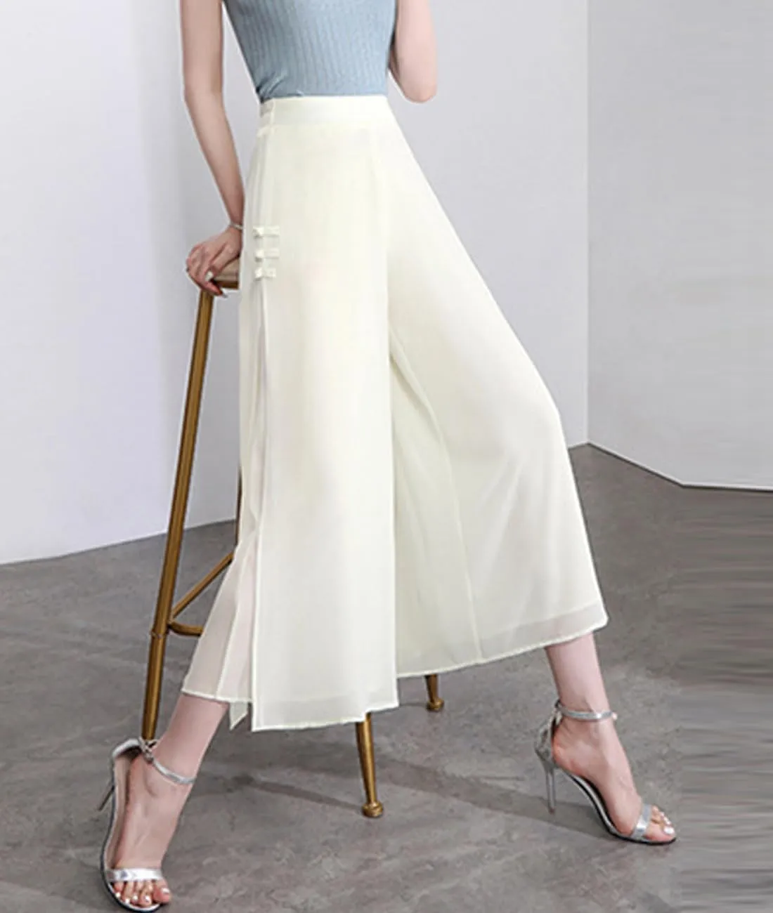 Femiserah Women's High Waist Chiffon Wide Leg Long Palazzo Pants Casual Flowy Business Trousers