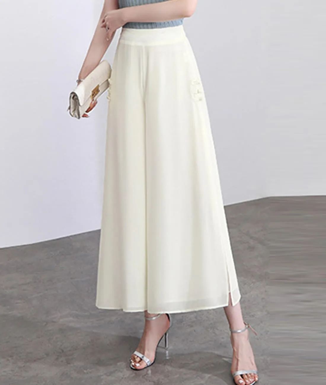 Femiserah Women's High Waist Chiffon Wide Leg Long Palazzo Pants Casual Flowy Business Trousers