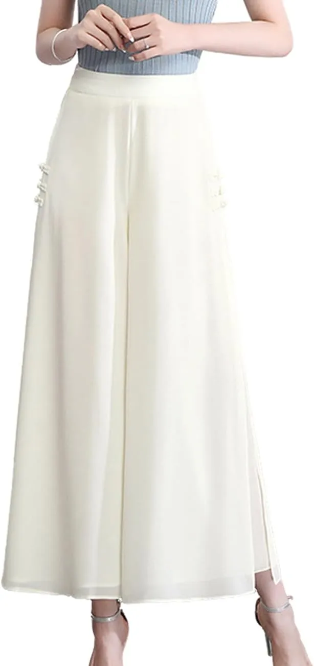 Femiserah Women's High Waist Chiffon Wide Leg Long Palazzo Pants Casual Flowy Business Trousers