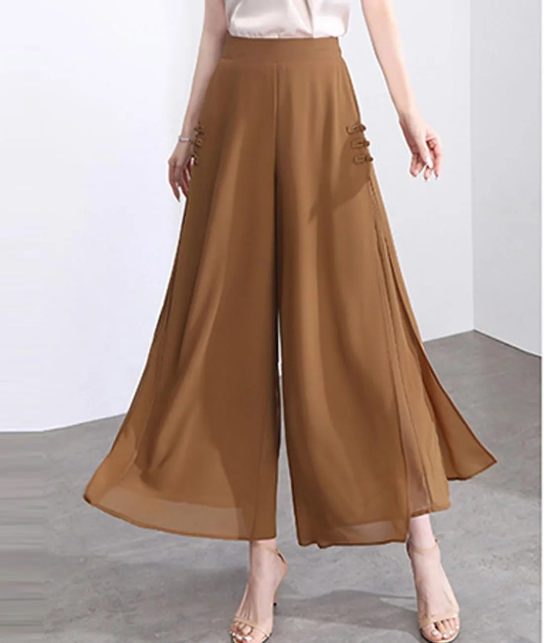 Femiserah Women's High Waist Chiffon Wide Leg Long Palazzo Pants Casual Flowy Business Trousers