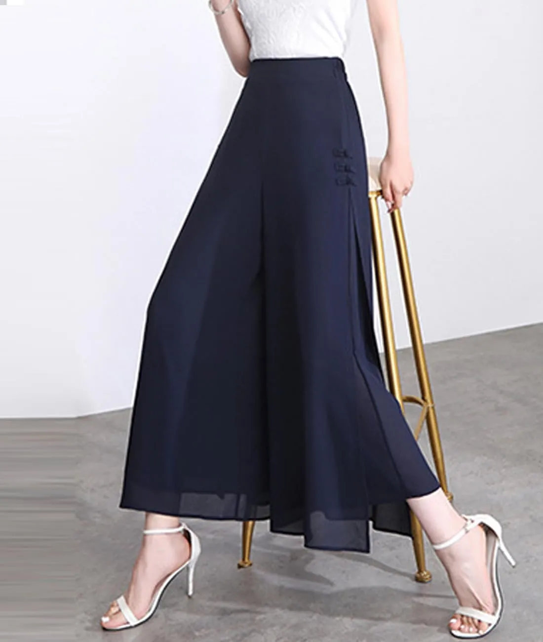 Femiserah Women's High Waist Chiffon Wide Leg Long Palazzo Pants Casual Flowy Business Trousers