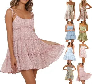 Floral Sundresses for Women Chiffon Mini Dress Spaghetti Strap A Line Vacation Dress Cute Smocked Sun Dresses