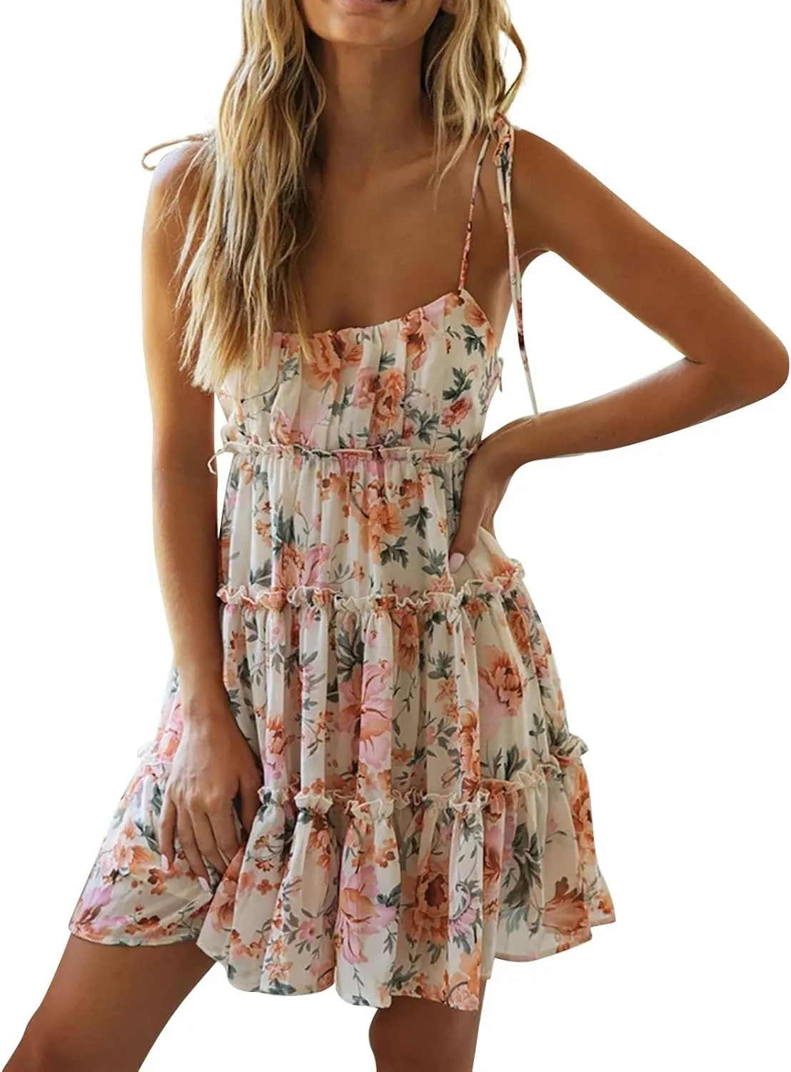 Floral Sundresses for Women Chiffon Mini Dress Spaghetti Strap A Line Vacation Dress Cute Smocked Sun Dresses