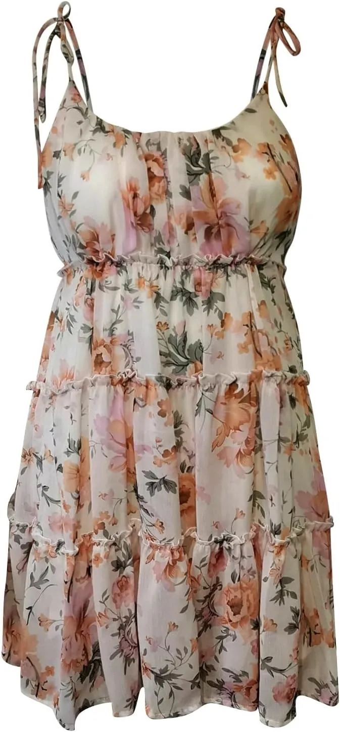 Floral Sundresses for Women Chiffon Mini Dress Spaghetti Strap A Line Vacation Dress Cute Smocked Sun Dresses