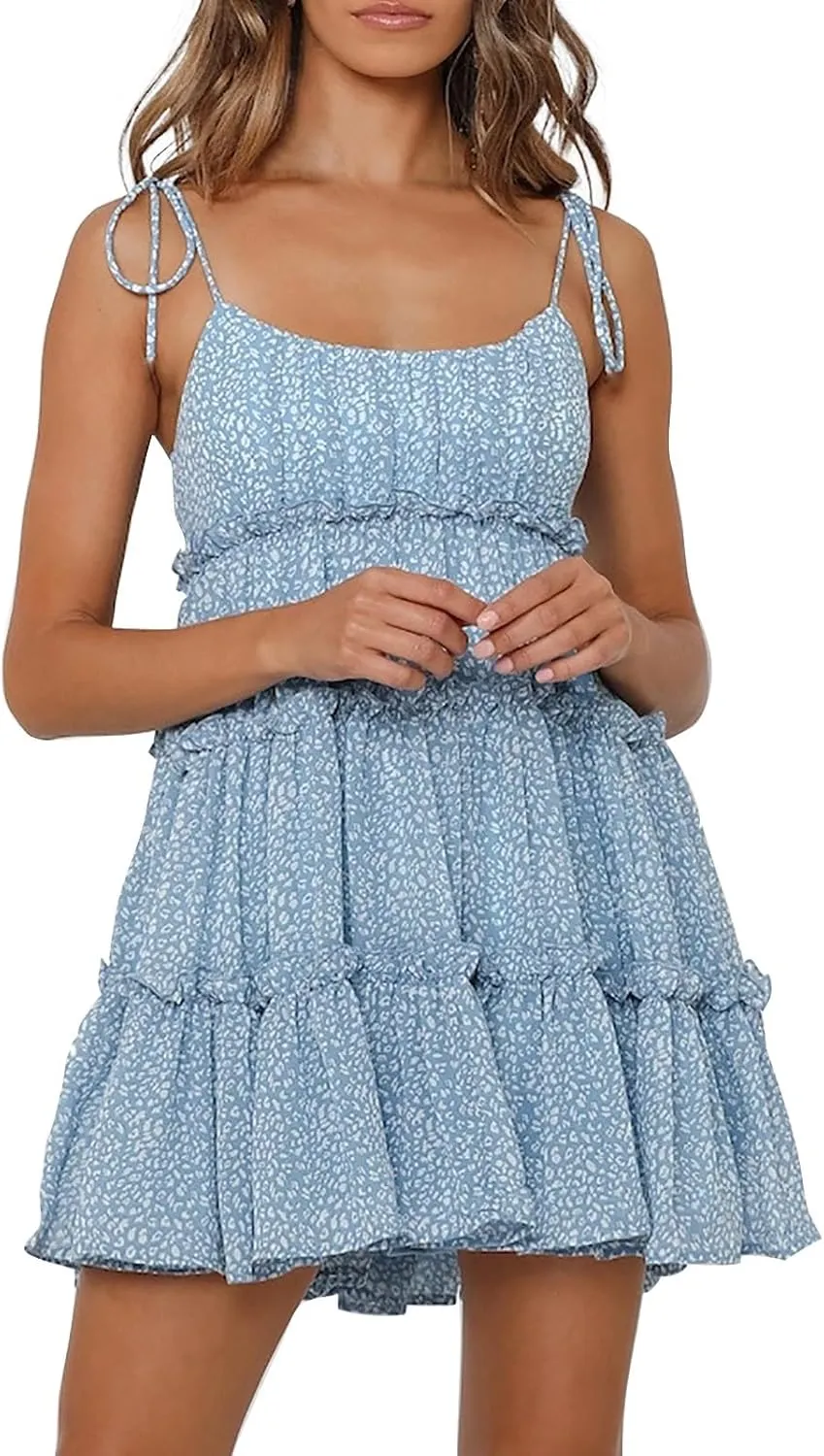 Floral Sundresses for Women Chiffon Mini Dress Spaghetti Strap A Line Vacation Dress Cute Smocked Sun Dresses