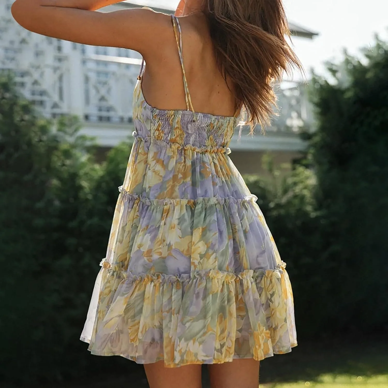 Floral Sundresses for Women Chiffon Mini Dress Spaghetti Strap A Line Vacation Dress Cute Smocked Sun Dresses