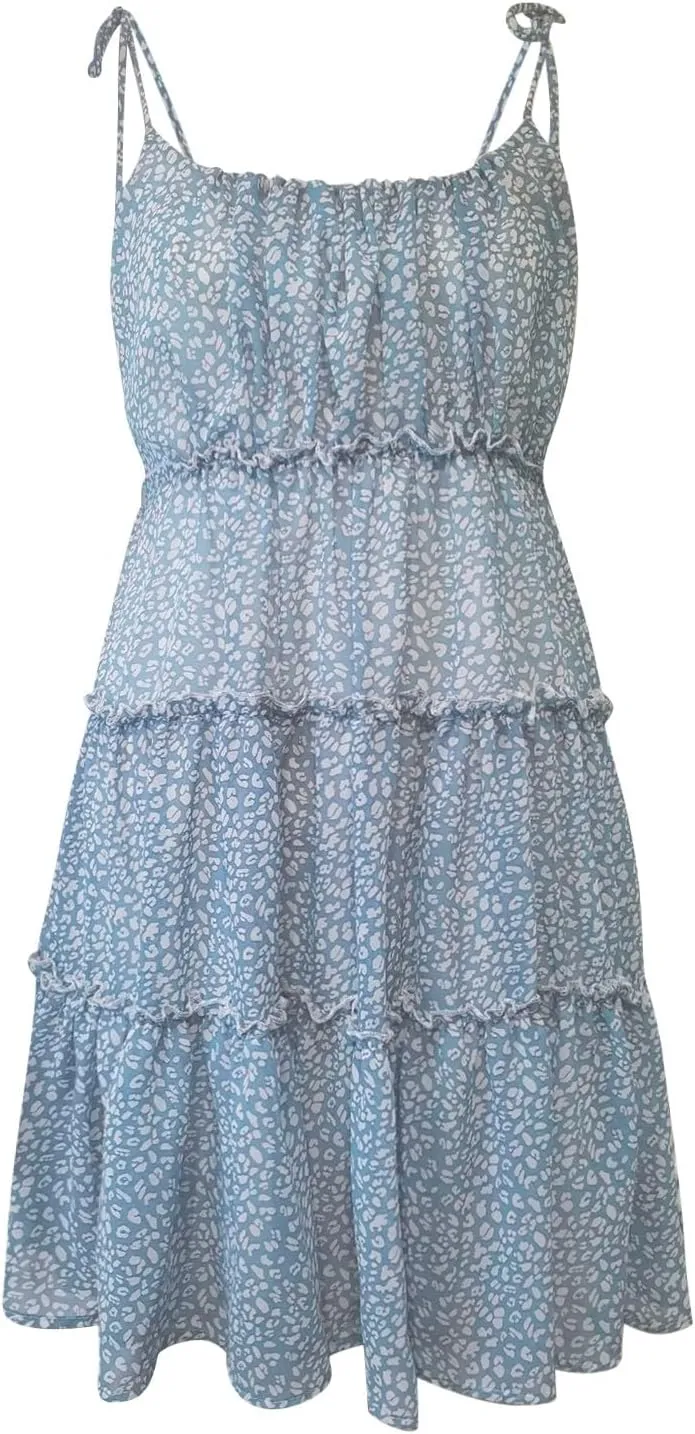 Floral Sundresses for Women Chiffon Mini Dress Spaghetti Strap A Line Vacation Dress Cute Smocked Sun Dresses
