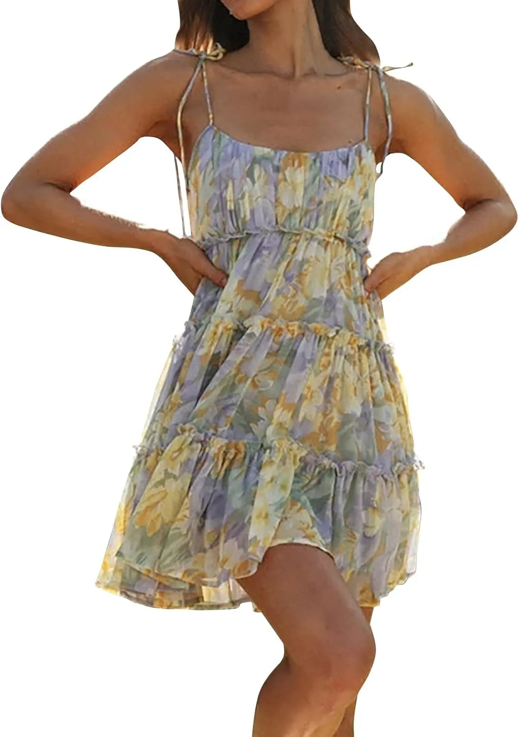 Floral Sundresses for Women Chiffon Mini Dress Spaghetti Strap A Line Vacation Dress Cute Smocked Sun Dresses