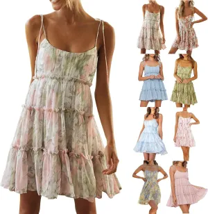 Floral Sundresses for Women Chiffon Mini Dress Spaghetti Strap A Line Vacation Dress Cute Smocked Sun Dresses