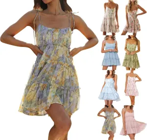 Floral Sundresses for Women Chiffon Mini Dress Spaghetti Strap A Line Vacation Dress Cute Smocked Sun Dresses
