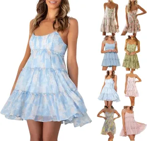 Floral Sundresses for Women Chiffon Mini Dress Spaghetti Strap A Line Vacation Dress Cute Smocked Sun Dresses