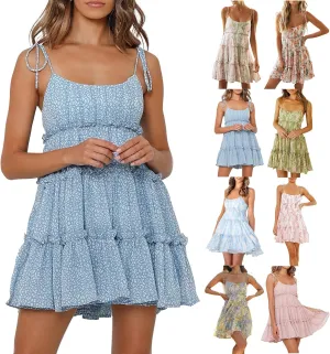 Floral Sundresses for Women Chiffon Mini Dress Spaghetti Strap A Line Vacation Dress Cute Smocked Sun Dresses