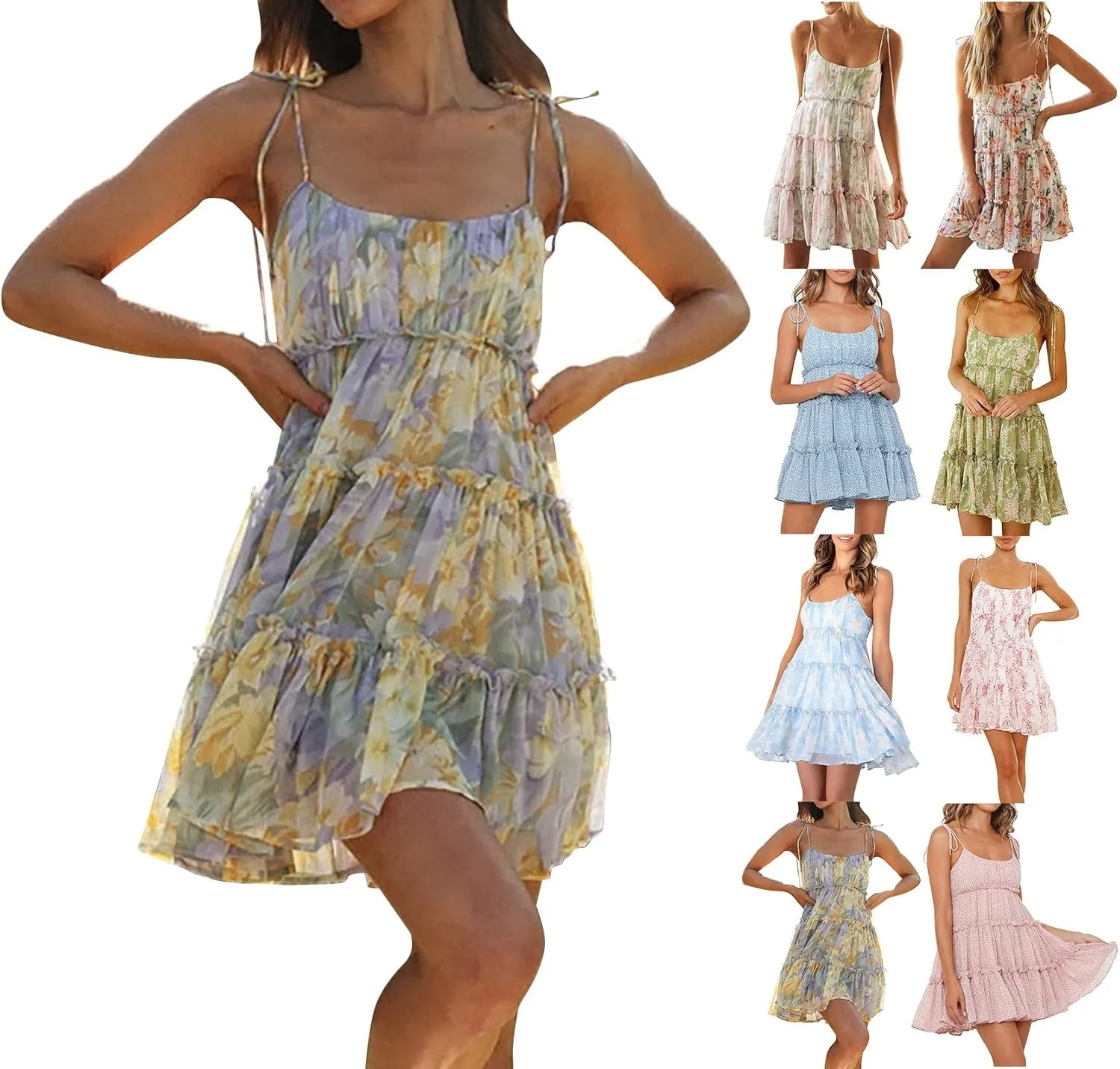 Floral Sundresses for Women Chiffon Mini Dress Spaghetti Strap A Line Vacation Dress Cute Smocked Sun Dresses