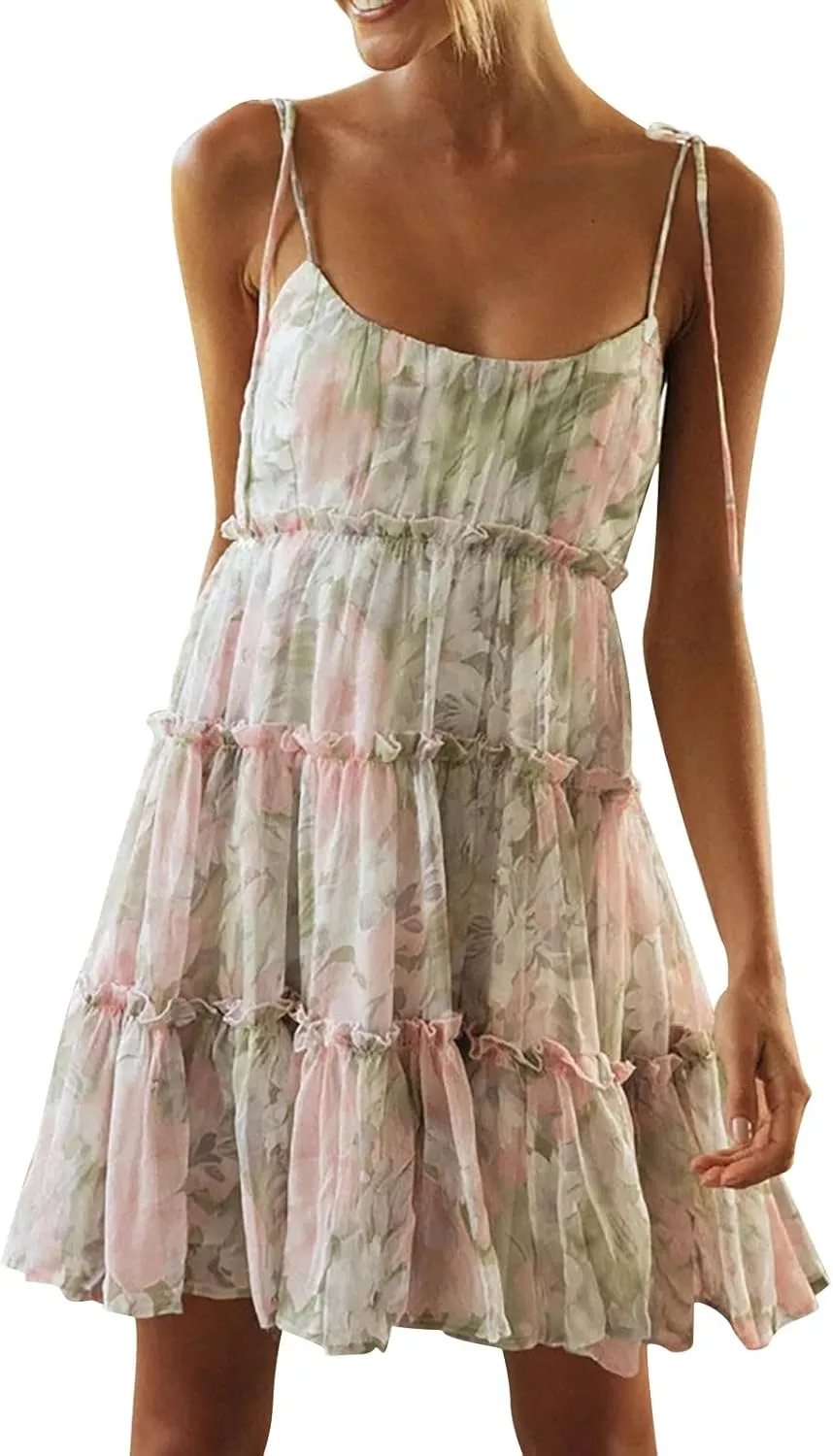 Floral Sundresses for Women Chiffon Mini Dress Spaghetti Strap A Line Vacation Dress Cute Smocked Sun Dresses