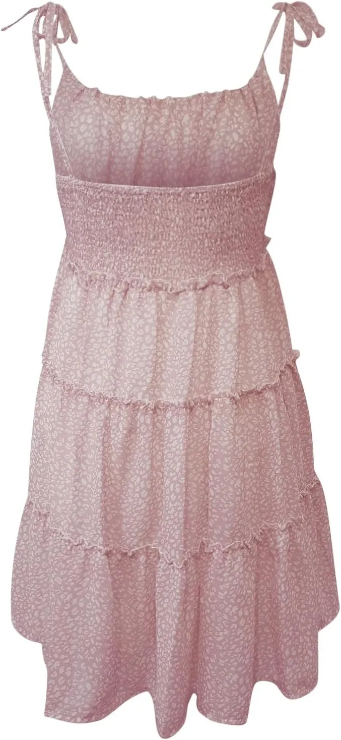 Floral Sundresses for Women Chiffon Mini Dress Spaghetti Strap A Line Vacation Dress Cute Smocked Sun Dresses